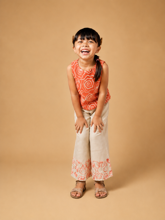 Embroidered Co-ord Set for Girls — Orange & Ivory Wide-Leg Set