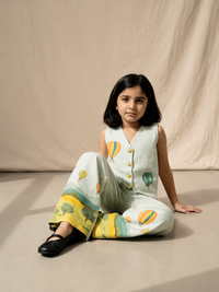 Printed Linen Waistcoat Set for Girls — 3-Piece Embroidered Ethnic Wear