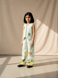 Printed Linen Waistcoat Set for Girls — 3-Piece Embroidered Ethnic Wear