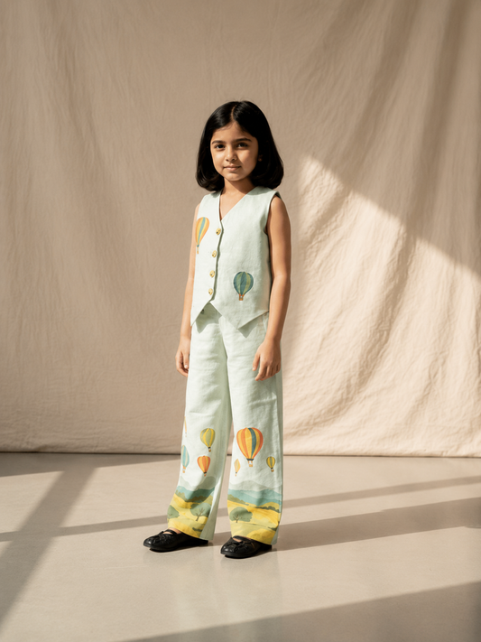 Printed Linen Waistcoat Set for Girls — 3-Piece Embroidered Ethnic Wear