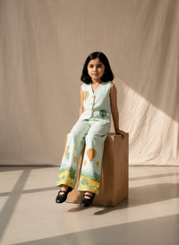 Printed Linen Waistcoat Set for Girls — 3-Piece Embroidered Ethnic Wear
