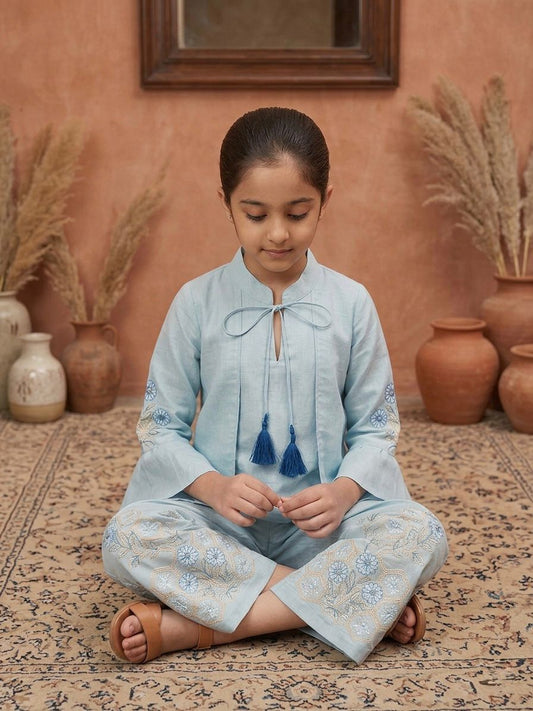Floral Embroidered Co-ord Set for Girls — Pastel Blue