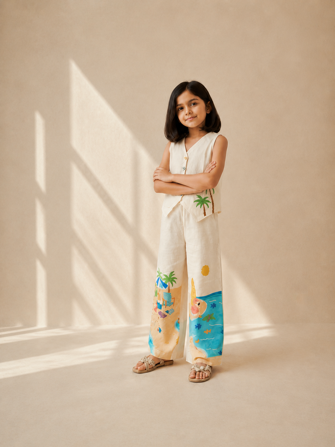 Embroidered Linen Waistcoat Set for Girls — 3-Piece Ethnic Festive Outfit