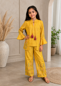 Mustard yellow floral embroidered co-ord set for girls