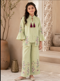 Pastel green floral embroidered co-ord set for girls