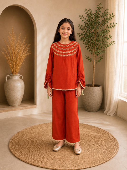PP-028A Embroidered Semi-Ethnic Set for Girls — Rust Orange