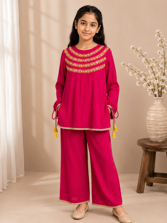 PP-028B Embroidered Semi-Ethnic Set for Girls — Magenta Pink