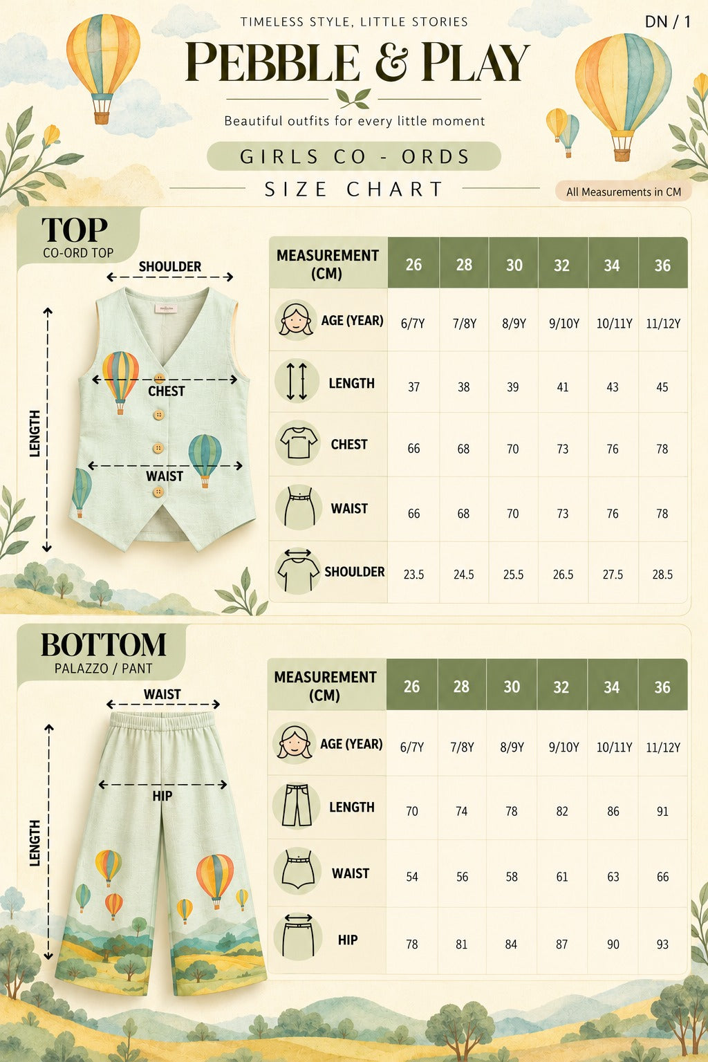 Embroidered Linen Waistcoat Set for Girls — 3-Piece Ethnic Festive Outfit size chart