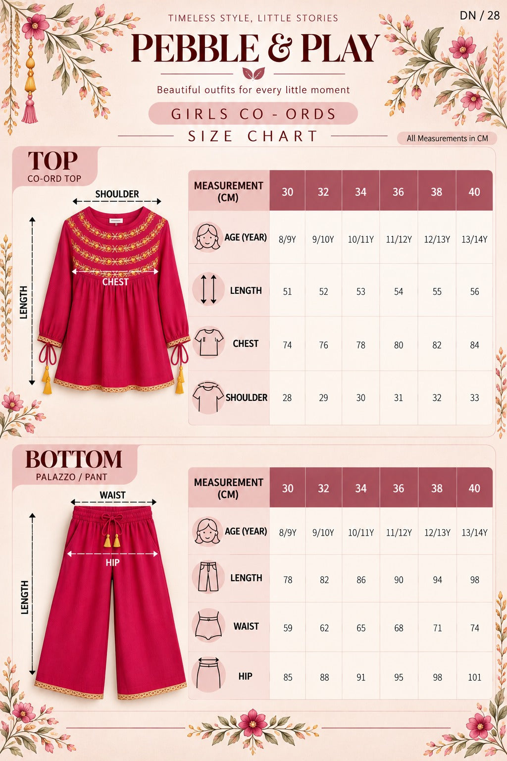 Embroidered Semi-Ethnic Set for Girls — Rust Orange size chart